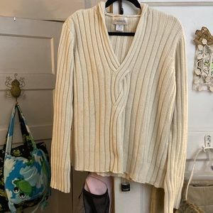 Cream, cable knit, v- neck, hooded sweater.